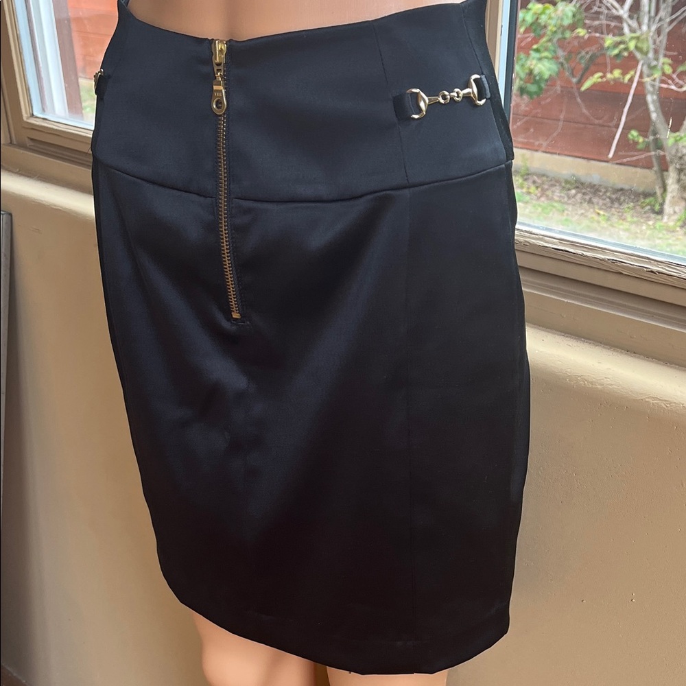 Express Black Pencil Skirt with Gold Front Zip & Accent Hardware